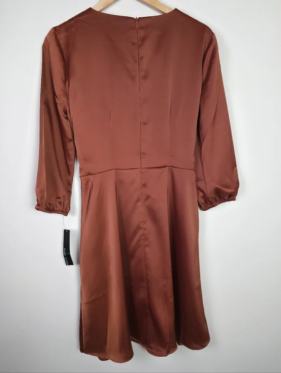 Maggy London Rust Satin Wrap Dress Size 10 Elegant Tie Waist Midi Long Sleeve - Picture 3 of 10